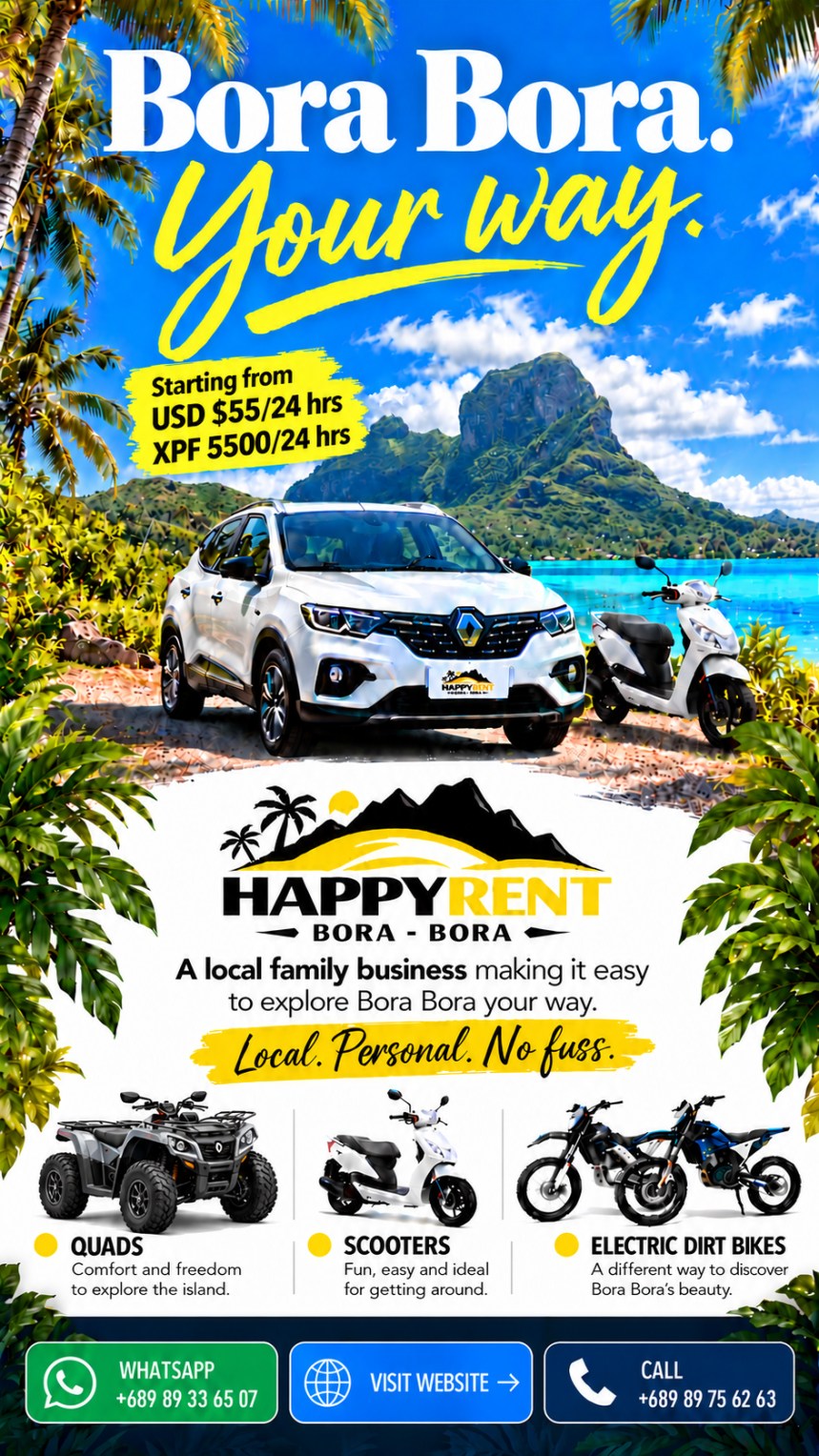 Happy Rent Bora Bora — cars, scooters, quads and electric dirt bikes